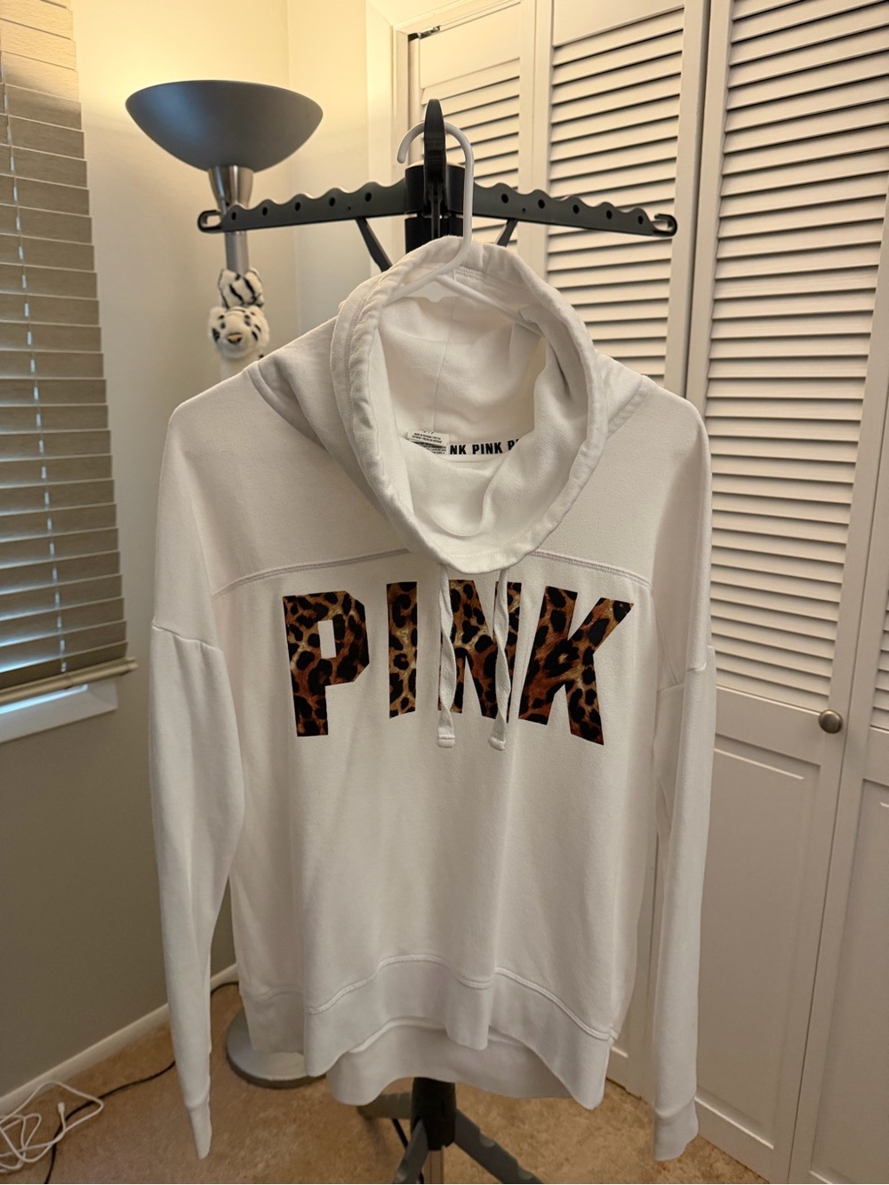 PINK Victoria's Secret White Cowl Neck Sweatshirt with Leopard PINK Logo
